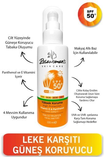 Rosawoman's 50 Faktör İçin Leke Karşıtı Nemlendirici Yaşlanma Karşıtı Suya Dayanıklı Yüz ve Vücut Güneş Kremi 100 ml