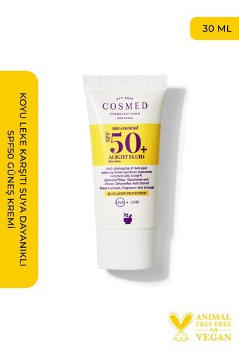 Cosmed Sun Essential 50 Faktör İçin Leke Karşıtı Nemlendirici Yaşlanma Karşıtı Suya Dayanıklı Yüz ve Vücut Güneş Kremi 30 ml