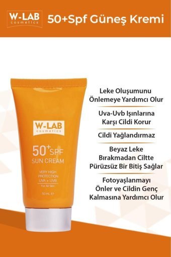W-Lab Kozmetik W-Lab Sun Cream 50 Faktör Tüm Ciltler İçin Nemlendirici Suya Dayanıklı Yüz Güneş Kremi 50 ml