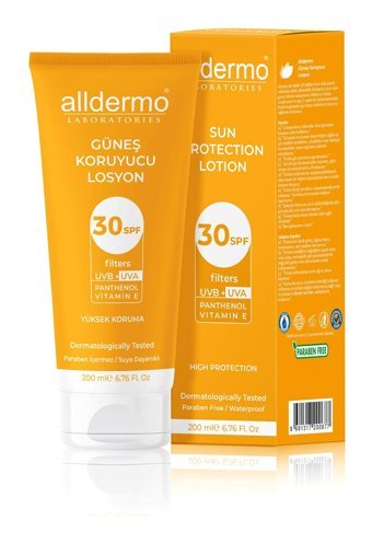 Alldermo 30 Faktör İçin Nemlendirici Suya Dayanıklı Yüz ve Vücut Güneş Losyonu 200 ml