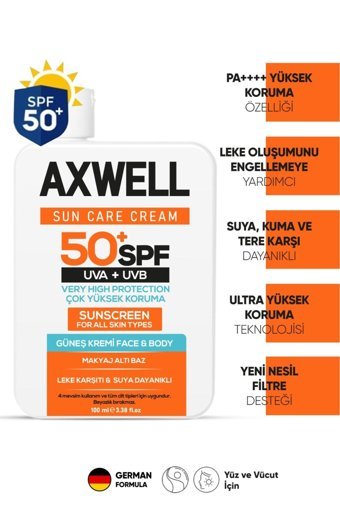 Axwell 50 Faktör İçin Leke Karşıtı Nemlendirici Yaşlanma Karşıtı Suya Dayanıklı Yüz ve Vücut Güneş Kremi 100 ml