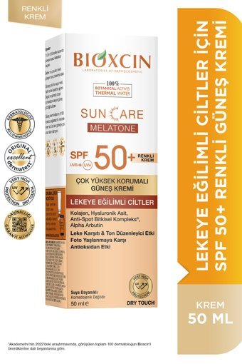 Bioxcin Sun Care Melatone Renkli 50 Faktör Tüm Ciltler İçin Leke Karşıtı Nemlendirici Suya Dayanıklı Yüz Güneş Kremi 50 ml