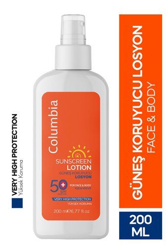 Columbia Yüksek Koruma 50 Faktör Tüm Ciltler İçin Nemlendirici Suya Dayanıklı Yüz ve Vücut Güneş Losyonu 200 ml