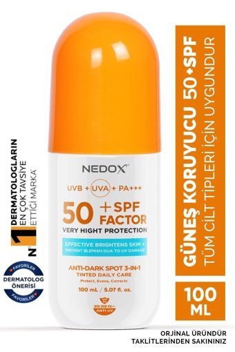 Nedox 50 Faktör İçin Leke Karşıtı Nemlendirici Yaşlanma Karşıtı Suya Dayanıklı Yüz ve Vücut Güneş Kremi 100 ml