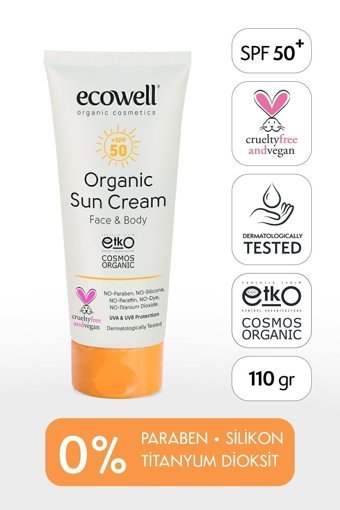Ecowell 50 Faktör İçin Nemlendirici Suya Dayanıklı Yüz ve Vücut Güneş Kremi 110 gr