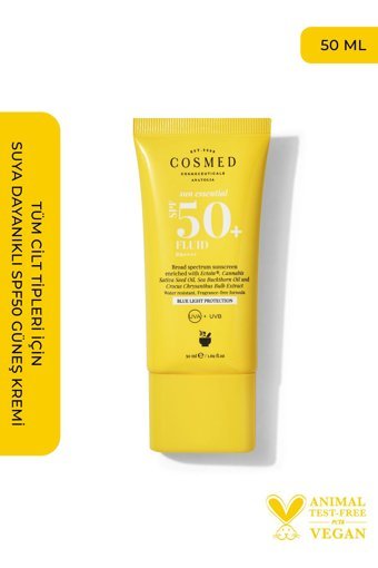 Cosmed Sun Essential Fluid 50 Faktör Tüm Ciltler İçin Nemlendirici Suya Dayanıklı Yüz Güneş Kremi 50 ml