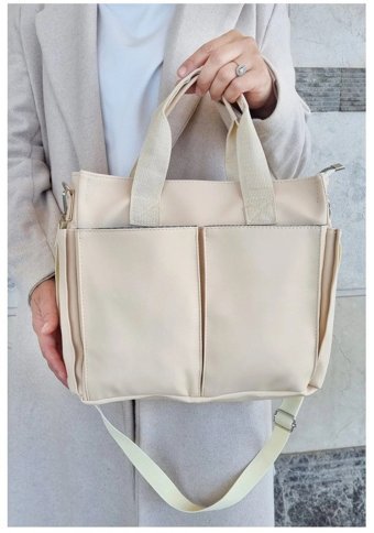 Gülşah Çaptı Bag Çok Bölmeli Geniş Hacimli Kadın El Çantası Krem