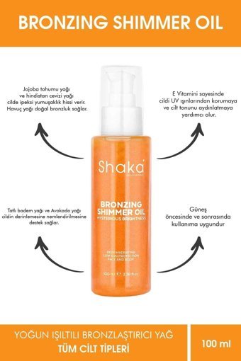 Shaka Hindistan Cevizi - Jojoba - Tatlı Badem Simli Yoğun Vücut İçin Bronzlaştırıcı Yağ 100 ml
