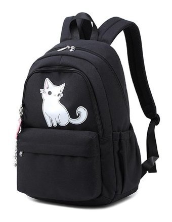 Generic Kedi Baskı Genç İçin Rahat Sevimli Su Geçirmez Siyah Kadın Sırt Çantası