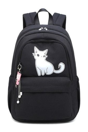 Generic Kedi Baskı Genç İçin Rahat Sevimli Su Geçirmez Siyah Kadın Sırt Çantası