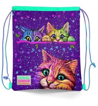 Coral High Kids Mor Pembe Kedi Desenli İpli Büzgülü 22432 Kadın Sırt Çantası