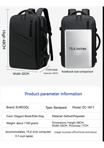 Eurcool Ec1811 Su Geçirmez Bilgisayar Gri Erkek Sırt Çantası