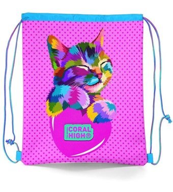 Coral High Kids Pembe Mavi Kedi Desenli İpli Büzgülü 22486 Kadın Sırt Çantası