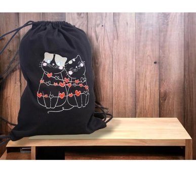 Shules Collection Aşık Kediler Nakış İşleme Büzgülü Torba Kadın Sırt Çantası