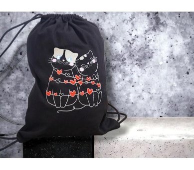 Shules Collection Aşık Kediler Nakış İşleme Büzgülü Torba Kadın Sırt Çantası