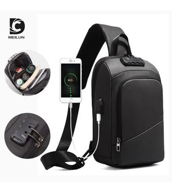 Dc Meilun Şık Usb Şarjlı Çapraz Siyah Erkek Sırt Çantası