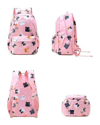 Generic Su Geçirmez Kawaii Kedi Baskı 15.6 Inç Sevimli Pembe Kadın Sırt Çantası