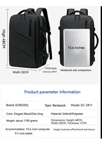 Eurcool Ec1811 Su Geçirmez Bilgisayar Siyah Erkek Sırt Çantası