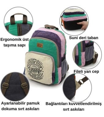 Oldcottoncargo 5017 Bej Yeşil Pembe Sırt Seyahat 15.6 Günlük Kadın Sırt Çantası