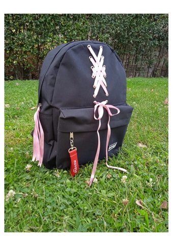 Shopiolog Kore Model Pembe Kurdele Siyah Kadın Sırt Çantası