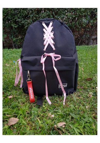 Shopiolog Kore Model Pembe Kurdele Siyah Kadın Sırt Çantası