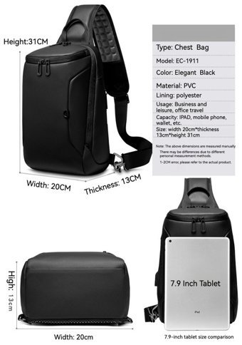 Eurcool Ec1911 Su Geçirmez Moda Crossbody Siyah Erkek Sırt Çantası