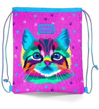 Coral High Kıds Mor Pembe Kedi Desenli İpli Büzgülü 22682 Kadın Sırt Çantası