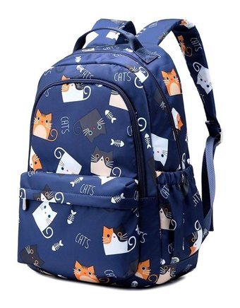 Generic Su Geçirmez Kawaii Kedi Baskı 15.6 Inç Sevimli Mavi Kadın Sırt Çantası