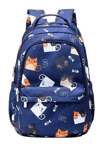 Generic Su Geçirmez Kawaii Kedi Baskı 15.6 Inç Sevimli Mavi Kadın Sırt Çantası