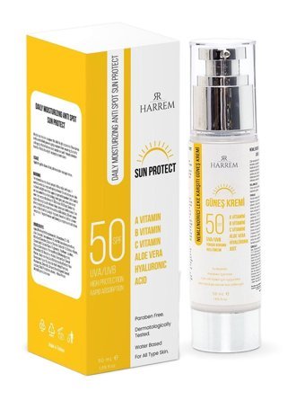 Harrem Renksiz 50 Faktör Tüm Ciltler İçin Nemlendirici Yaşlanma Karşıtı Suya Dayanıklı Güneş Kremi 50 ml