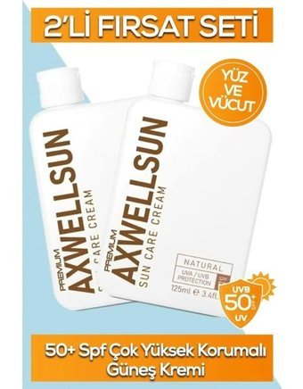 Axwell Renksiz 50 Faktör Tüm Ciltler İçin Leke Karşıtı Yüz ve Vücut Güneş Kremi 2x125 ml