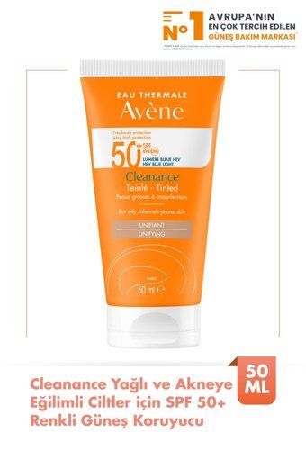 Avene Cleanance Renkli 50 Faktör Akneli Ciltler-Yağlı Ciltler İçin Ton Eşitleyici Suya Dayanıklı Yüz Güneş Kremi 50 ml