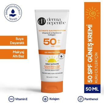 Derma Nepenthe Renksiz 50 Faktör Kuru Ciltler İçin Leke Karşıtı Nemlendirici Yaşlanma Karşıtı Suya Dayanıklı Yüz ve Vücut Güneş Kremi 50 ml