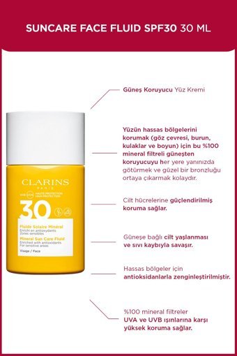 Clarins Renksiz 30 Faktör Hassas Ciltler İçin Yaşlanma Karşıtı Mineral Filtreli Suya Dayanıklı Boyun-Yüz Güneş Kremi 30 ml