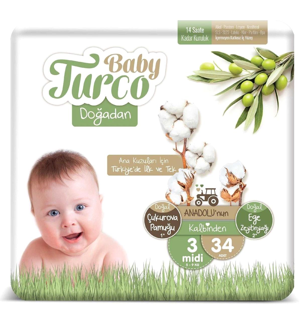 Baby Turco Doğadan 3 Numara Organik Cırtlı Bebek Bezi 34 Adet