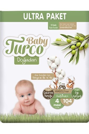 Baby Turco Ultra Fırsat 4 Numara Organik Cırtlı Bebek Bezi 104 Adet