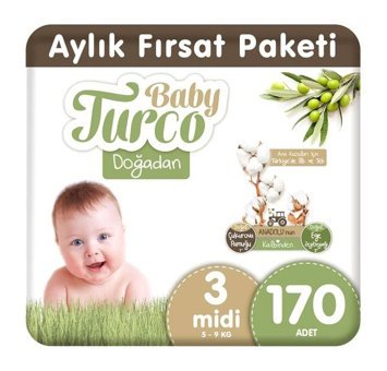 Baby Turco Midi Aylık Fırsat Paketi 3 Numara Organik Bantlı Bebek Bezi 170 Adet