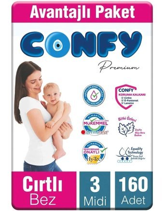Confy Premium Avantajlı Paket 3 Numara Organik Cırtlı Bebek Bezi 160 Adet