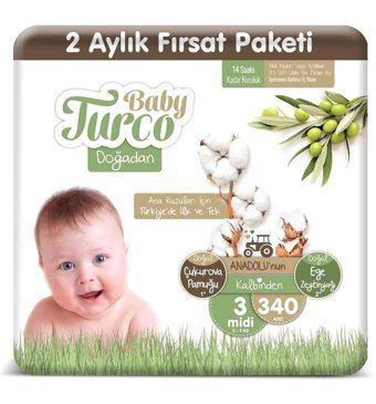 Baby Turco Doğadan 2 Aylık Fırsat Paketi 3 Numara Organik Cırtlı Bebek Bezi 340 Adet