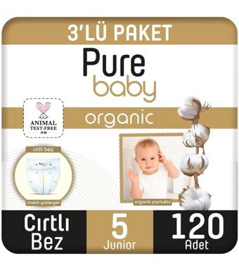 Pure Baby Junior 5 Numara Organik Cırtlı Bebek Bezi 120 Adet
