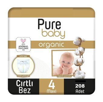 Pure Baby Organik 4 Numara Cırtlı Bebek Bezi 208 Adet