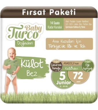 Baby Turco Jumbo Doğadan Junior 5 Numara Organik Külot Bebek Bezi 72 Adet