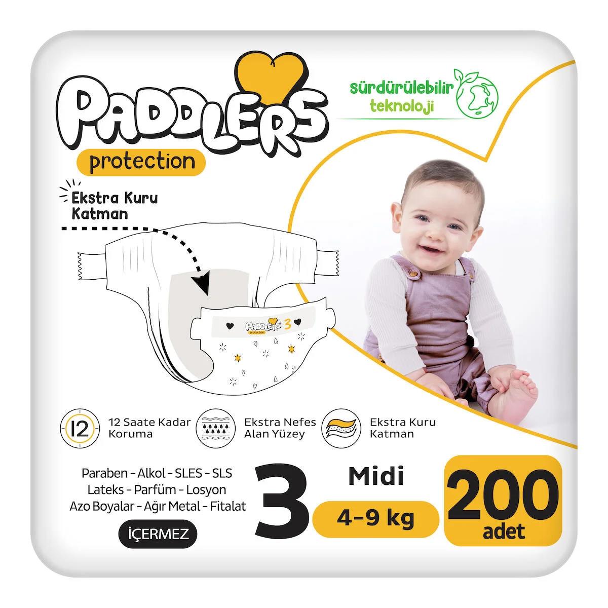 Paddlers Midi 3 Numara Organik Cırtlı Bebek Bezi 200 Adet