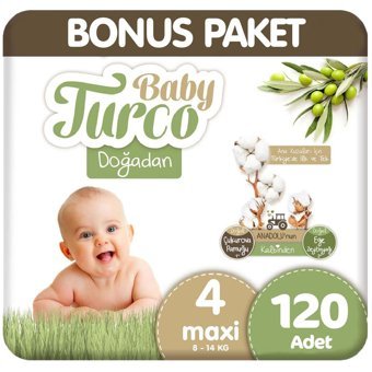 Baby Turco Doğadan Maxi 4 Numara Organik Bantlı Bebek Bezi 120 Adet