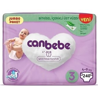 Canbebe Jumbo Paket 3 Numara Organik Cırtlı Bebek Bezi 240 Adet