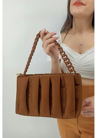 Çlk Accessories Zincirli Nubuk Büzgü Deri Tr12180 Kadın Omuz Çantası Taba