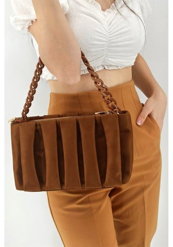 Çlk Accessories Zincirli Nubuk Büzgü Deri Tr12180 Kadın Omuz Çantası Taba