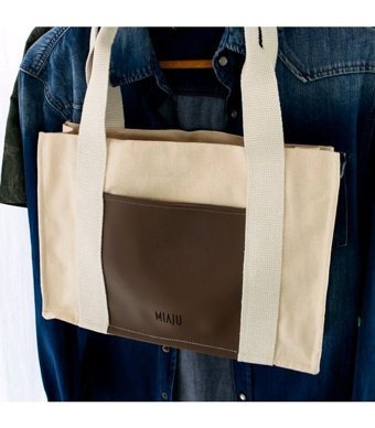 Miaju Deri Cepli Kanvas Tote Bag Krem Omuz Kadın Omuz Çantası Krem - Kahverengi