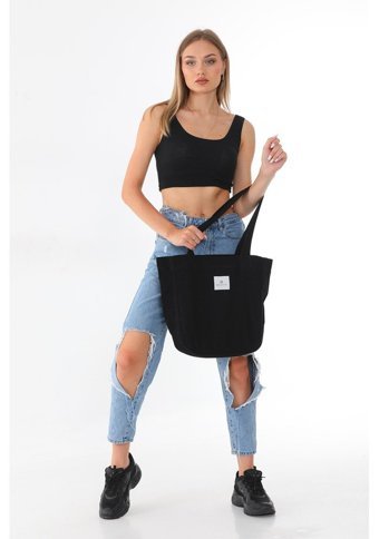 Berymood Kumaş Bez Tote Bag Kanvas İş Spor Kadın Omuz Çantası Siyah