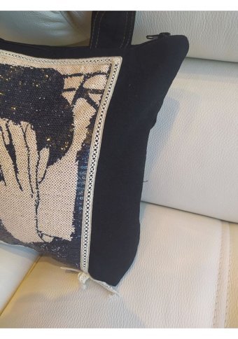 Otay Bag El Yapımı Şapkalı Adam Desenli Kot Kadın Omuz Çantası Siyah